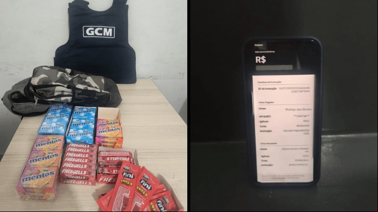 Objetos apreendidos com os adolescentes: mercadorias compradas com comprovantes de Pix falsificados e produtos que estavam sendo revendidos no momento da apreensão.