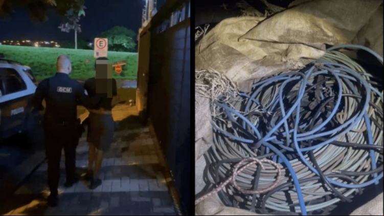 Guarda Civil Municipal conduz suspeito após flagra de negociação de fios elétricos. À direita, parte do material apreendido durante a abordagem na Vila Mayor, em Rio Preto.