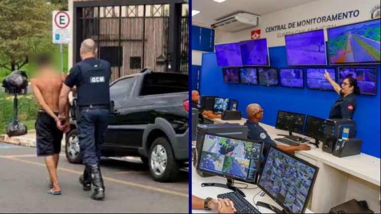 Jovem é detido pela Guarda Civil Municipal após ser flagrado por câmeras de videomonitoramento em atitude suspeita no Centro de Rio Preto. Operação foi acompanhada em tempo real pela Central de Monitoramento da GCM.